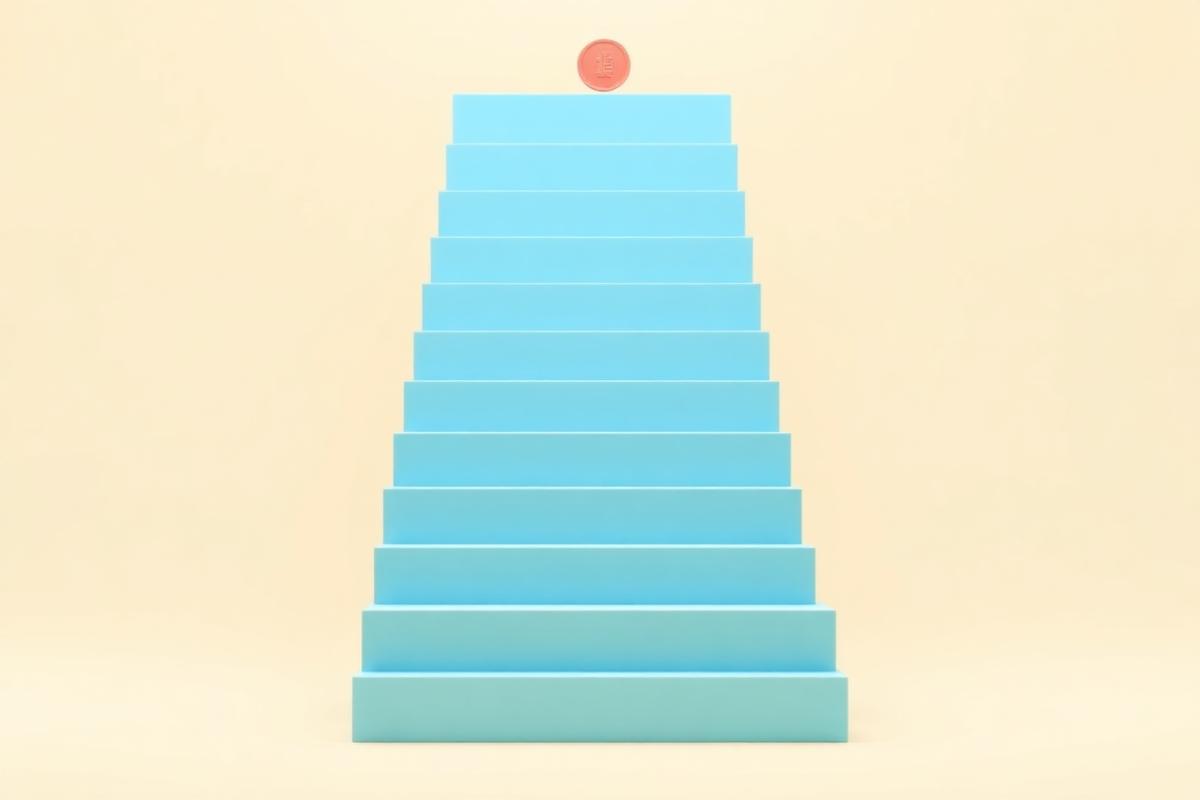 Rising staircase of blue blocks with a coin at the top