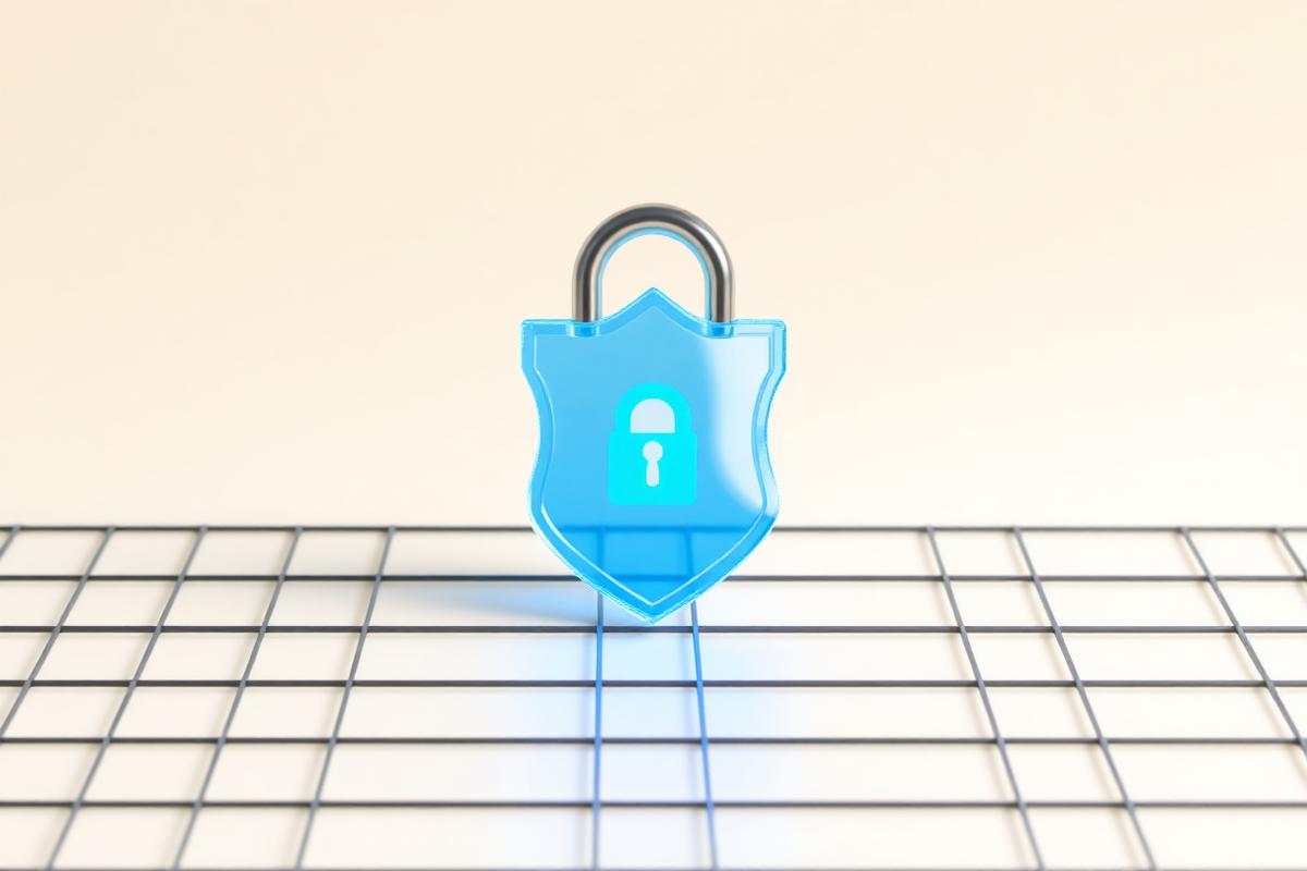 Translucent blue shield with a padlock over a grid
